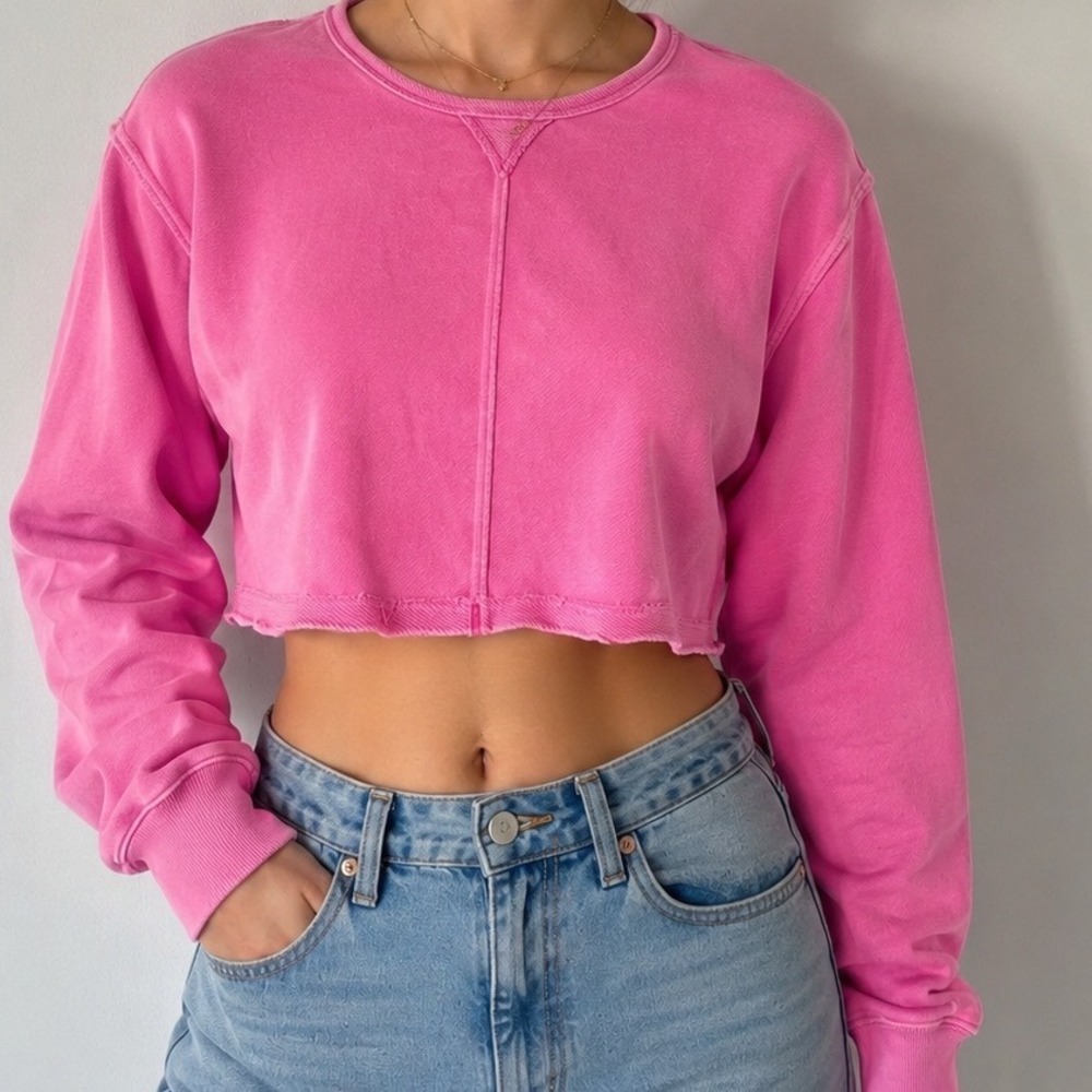 Aerie Hot Pink Cropped‎ Sweatshirt Raw Hem Long Sleeve Ribbed Pullover Small k3
